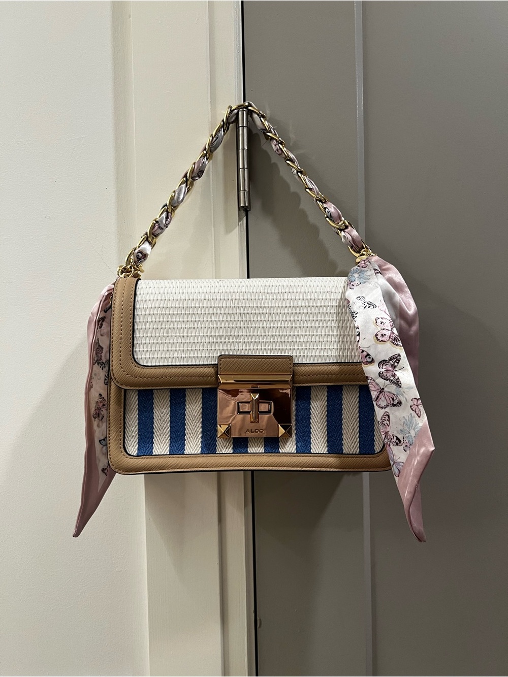 Woven Straw & Blue Stripe Shoulder Bag with Pink Scarf Accent